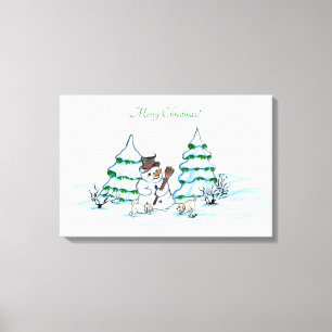 Merry Christmas! Snowman with Cat and Puppy Canvas Print