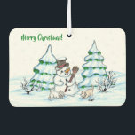 Merry Christmas! Snowman with Cat and Puppy Car Air Freshener<br><div class="desc">Merry Christmas! Snowman with Cat and Puppy - little Dog ~~~ coloured pencil drawing by Krisi ArtKSZP ~~~ Store Category >>> Merry Christmas for Kids >>> Snowman with Cat and Puppy</div>