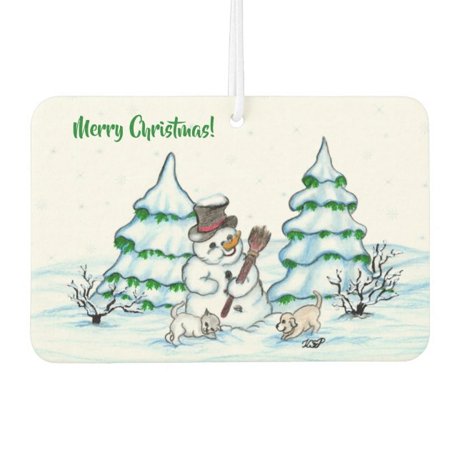 Merry Christmas! Snowman with Cat and Puppy Car Air Freshener (Front)