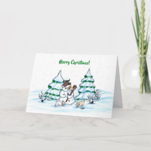 Merry Christmas! Snowman with Cat and Puppy Card