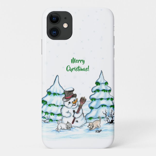 Merry Christmas! Snowman with Cat and Puppy Case-Mate iPhone Case (Back)