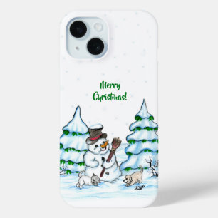 Merry Christmas! Snowman with Cat and Puppy iPhone 15 Case