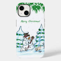 Merry Christmas! Snowman with Cat and Puppy