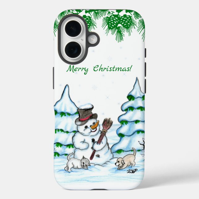 Merry Christmas! Snowman with Cat and Puppy Case-Mate iPhone Case (Back)