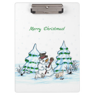 Merry Christmas! Snowman with Cat and Puppy Clipboard