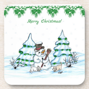 Merry Christmas! Snowman with Cat and Puppy Coaster