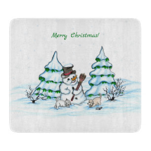 Merry Christmas! Snowman with Cat and Puppy Cutting Board