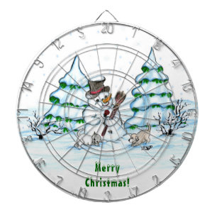 Merry Christmas! Snowman with Cat and Puppy Dartboard