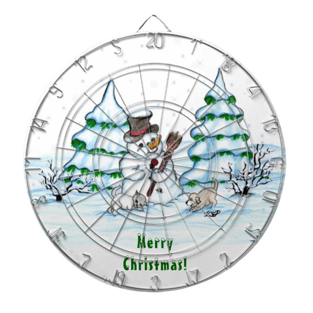Merry Christmas! Snowman with Cat and Puppy Dartboard (Front)