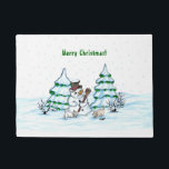 Merry Christmas! Snowman with Cat and Puppy Doormat<br><div class="desc">Merry Christmas! Snowman with Cat and Puppy - little Dog ~~~ coloured pencil drawing by Krisi ArtKSZP ~~~ Store Category >>> Merry Christmas for Kids >>> Snowman with Cat and Puppy</div>