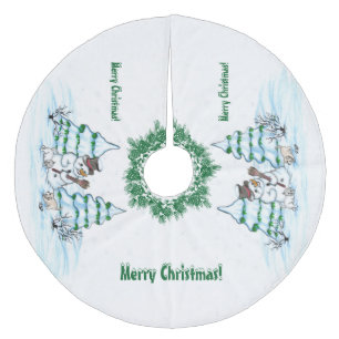 Merry Christmas! Snowman with Cat and Puppy Fleece Tree Skirt