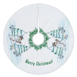 Merry Christmas! Snowman with Cat and Puppy Fleece Tree Skirt