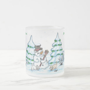 Merry Christmas! Snowman with Cat and Puppy Frosted Glass Coffee Mug