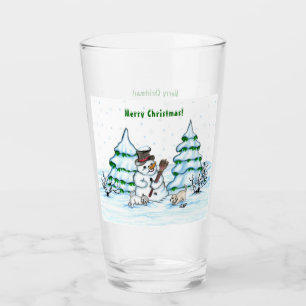 Merry Christmas! Snowman with Cat and Puppy Glass
