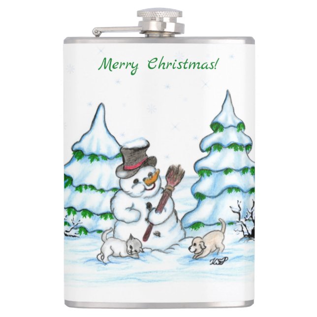 Merry Christmas! Snowman with Cat and Puppy Hip Flask (Front)