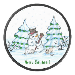 Merry Christmas! Snowman with Cat and Puppy Hockey Puck