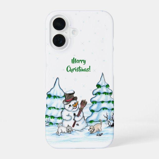 Merry Christmas! Snowman with Cat and Puppy iPhone 16 Case (Back)