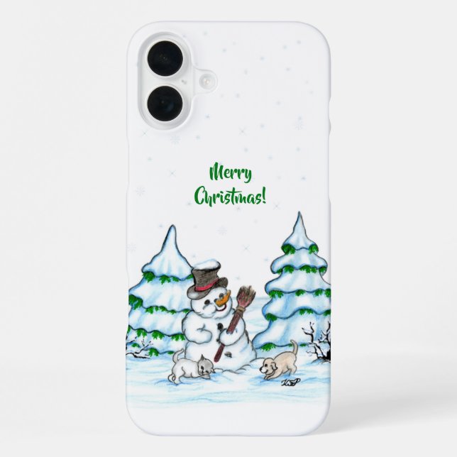 Merry Christmas! Snowman with Cat and Puppy iPhone Case (Back)
