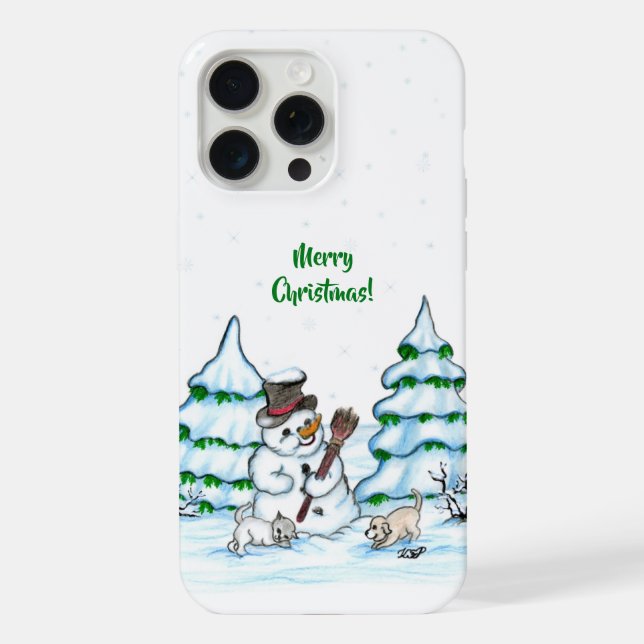 Merry Christmas! Snowman with Cat and Puppy iPhone Case (Back)