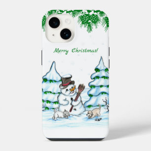 Merry Christmas! Snowman with Cat and Puppy iPhone 14 Case