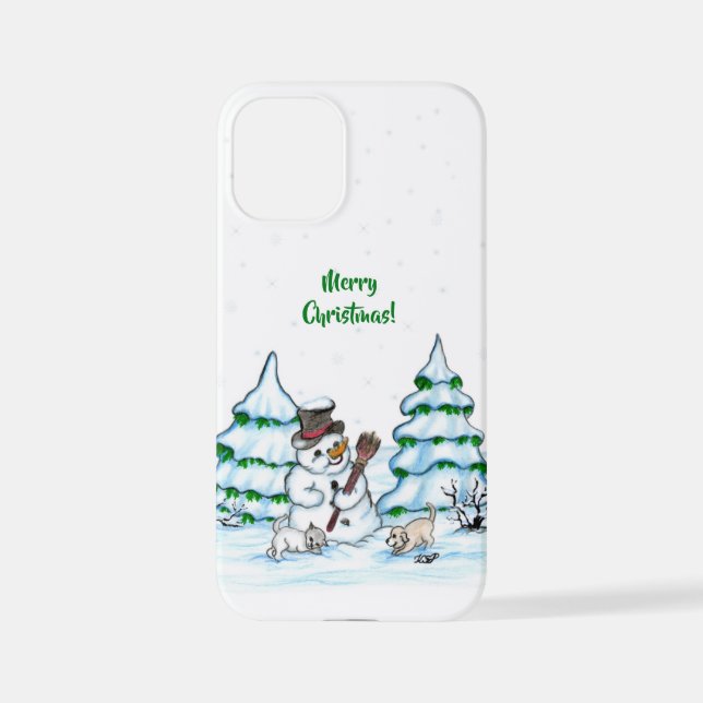 Merry Christmas! Snowman with Cat and Puppy iPhone Case (Back)