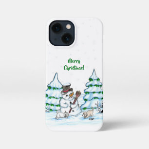 Merry Christmas! Snowman with Cat and Puppy iPhone 13 Mini Case