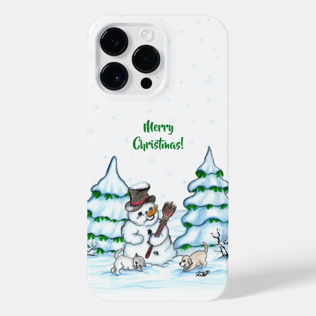 Merry Christmas! Snowman with Cat and Puppy iPhone Case (Back)
