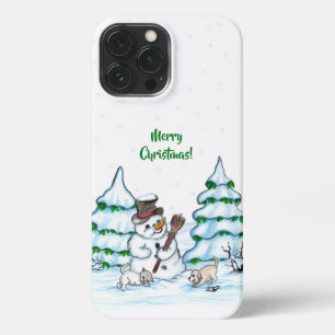 Merry Christmas! Snowman with Cat and Puppy iPhone 13 Pro Max Case