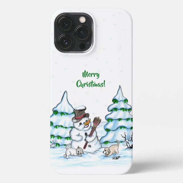 Merry Christmas! Snowman with Cat and Puppy iPhone Case (Back)