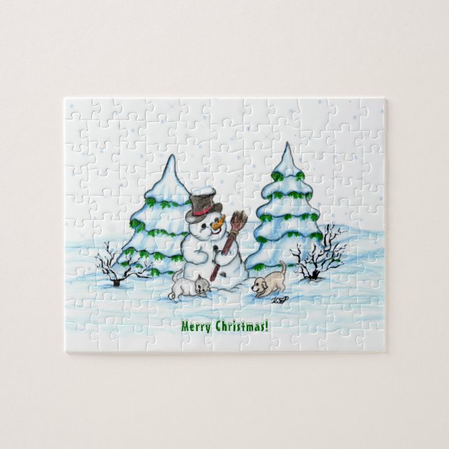 Merry Christmas! Snowman with Cat and Puppy Jigsaw Puzzle (Horizontal)