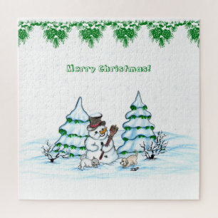 Merry Christmas! Snowman with Cat and Puppy Jigsaw Puzzle