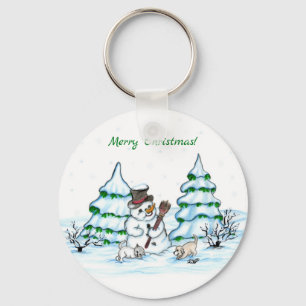 Merry Christmas! Snowman with Cat and Puppy Key Ring