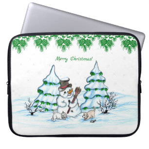 Merry Christmas! Snowman with Cat and Puppy Laptop Sleeve