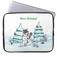 Merry Christmas! Snowman with Cat and Puppy