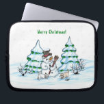 Merry Christmas! Snowman with Cat and Puppy Laptop Sleeve<br><div class="desc">Merry Christmas! Snowman with Cat and Puppy - little Dog ~~~ coloured pencil drawing by Krisi ArtKSZP ~~~ Store Category >>> Merry Christmas for Kids >>> Snowman with Cat and Puppy</div>