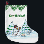 Merry Christmas! Snowman with Cat and Puppy Large Christmas Stocking<br><div class="desc">Merry Christmas! Snowman with Cat and Puppy - little Dog ~~~ coloured pencil drawing by Krisi ArtKSZP ~~~ Store Category >>> Merry Christmas for Kids >>> Snowman with Cat and Puppy</div>