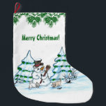 Merry Christmas! Snowman with Cat and Puppy Large Christmas Stocking<br><div class="desc">Merry Christmas! Snowman with Cat and Puppy - little Dog ~~~ coloured pencil drawing by Krisi ArtKSZP ~~~ Store Category >>> Merry Christmas for Kids >>> Snowman with Cat and Puppy</div>
