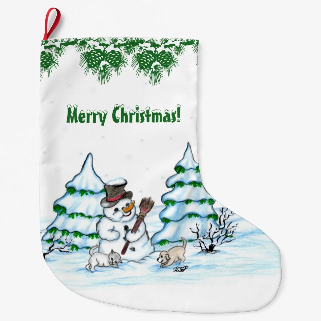 Merry Christmas! Snowman with Cat and Puppy Large Christmas Stocking (Front)