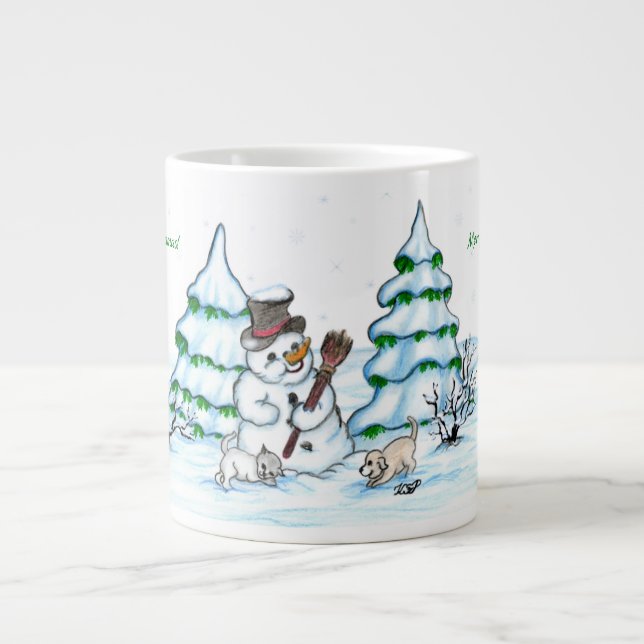 Merry Christmas! Snowman with Cat and Puppy Large Coffee Mug (Front)