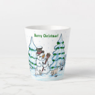 Merry Christmas! Snowman with Cat and Puppy Latte Mug