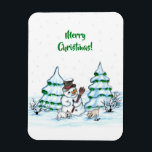 Merry Christmas! Snowman with Cat and Puppy Magnet<br><div class="desc">Merry Christmas! Snowman with Cat and Puppy - little Dog ~~~ coloured pencil drawing by Krisi ArtKSZP ~~~ Store Category >>> Merry Christmas for Kids >>> Snowman with Cat and Puppy</div>