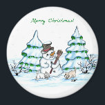 Merry Christmas! Snowman with Cat and Puppy Magnet<br><div class="desc">Merry Christmas! Snowman with Cat and Puppy - little Dog ~~~ coloured pencil drawing by Krisi ArtKSZP ~~~ Store Category >>> Merry Christmas for Kids >>> Snowman with Cat and Puppy</div>
