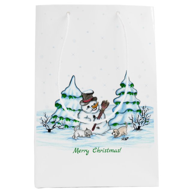 Merry Christmas! Snowman with Cat and Puppy Medium Gift Bag (Front)