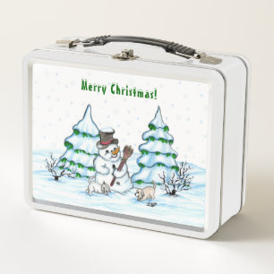 Merry Christmas! Snowman with Cat and Puppy Metal Lunch Box