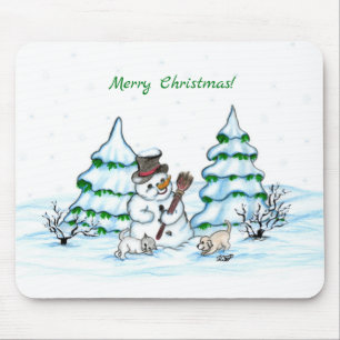 Merry Christmas! Snowman with Cat and Puppy Mouse Mat