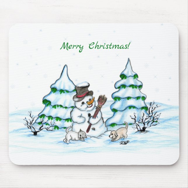 Merry Christmas! Snowman with Cat and Puppy Mouse Mat (Front)