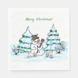 Merry Christmas! Snowman with Cat and Puppy Napkin