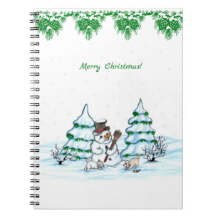Merry Christmas! Snowman with Cat and Puppy Notebook