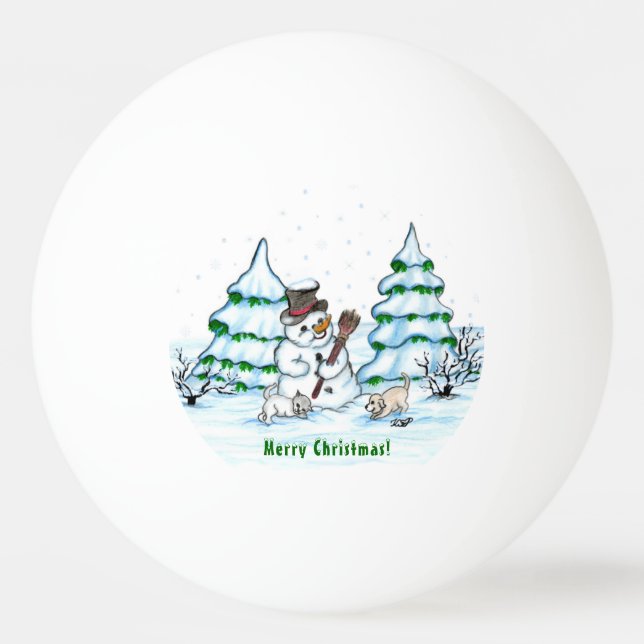 Merry Christmas! Snowman with Cat and Puppy Ping Pong Ball (Front)