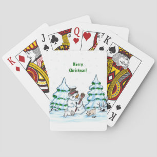 Merry Christmas! Snowman with Cat and Puppy Playing Cards